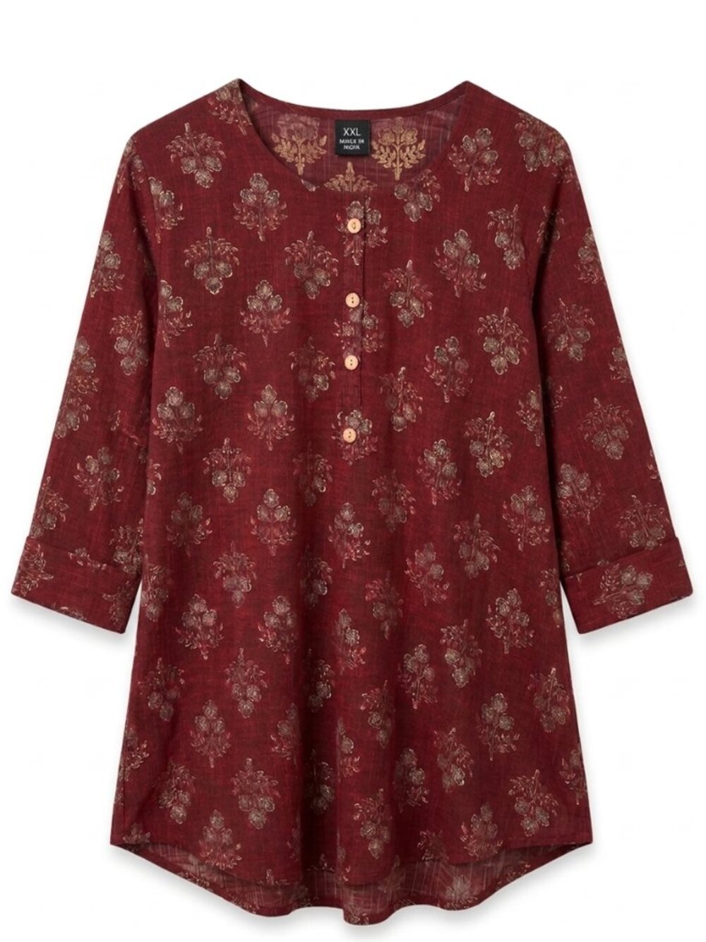 Boutique Brick Red Floral Block Print Kurti Tunic Blouse XXL